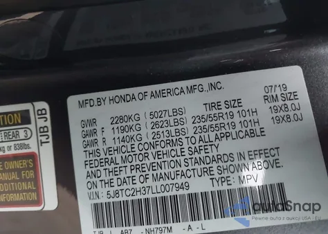 2020 Acura Rdx Standard from USA, damaged, VIN 5J8TC2H37LL007949
